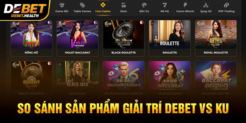 Hình ảnh so sánh sảnh sản phẩm DEBET và Ku Casino với giao diện website và roulette