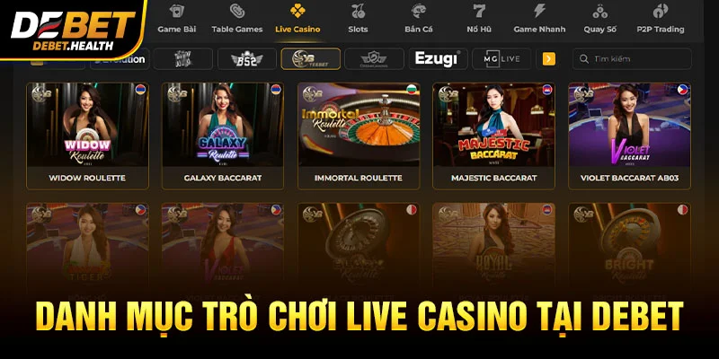 Hình ảnh danh mục trò chơi live casino tại DEBET với giao diện website và roulette