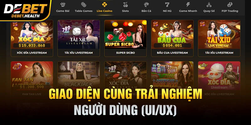 Hình ảnh giao diện người dùng tại DEBET với giao diện website và trò chơi casino