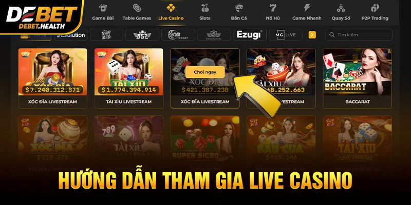 Hình ảnh hướng dẫn tham gia live casino tại DEBET với giao diện website và lá bài