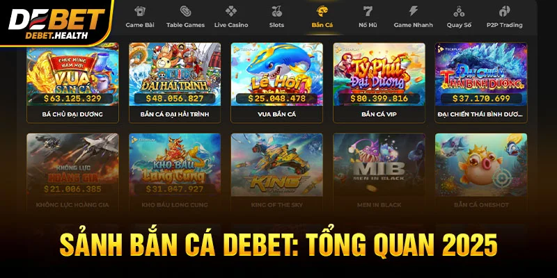 Hình ảnh sảnh bắn cá tại DEBET với giao diện website và trò chơi bắn cá