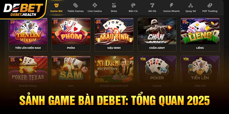 Hình ảnh sảnh game bài tại DEBET với giao diện website và lá bài