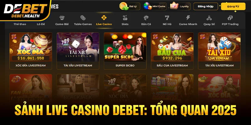 Hình ảnh sảnh live casino tại DEBET với giao diện website và chip casino