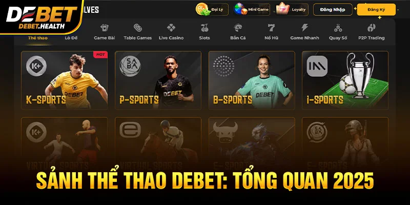 Hình ảnh sảnh thể thao tại DEBET với giao diện website và cầu thủ bóng đá